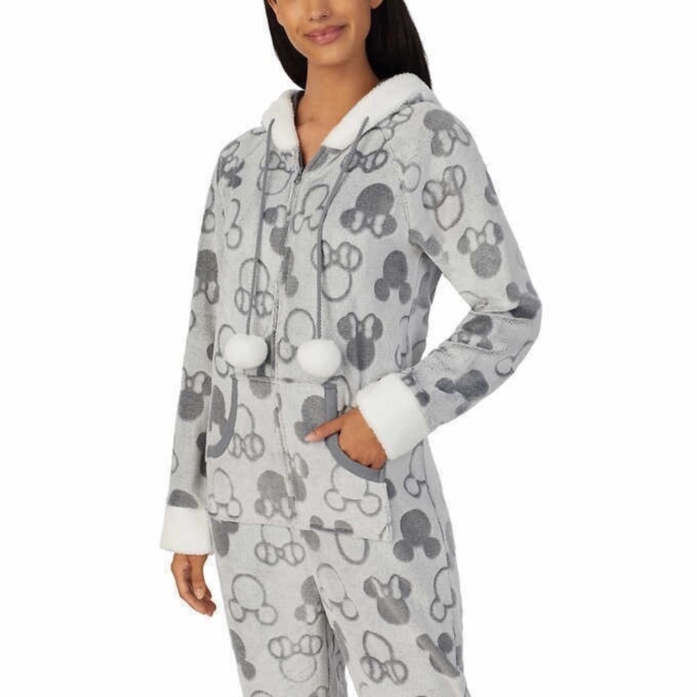 Disney Mickey and Minnie Mouse Fleece One Piece Hoodie Pajamas Gray Women L